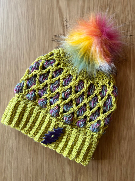 Lattice Beanie with Grateful Dead button