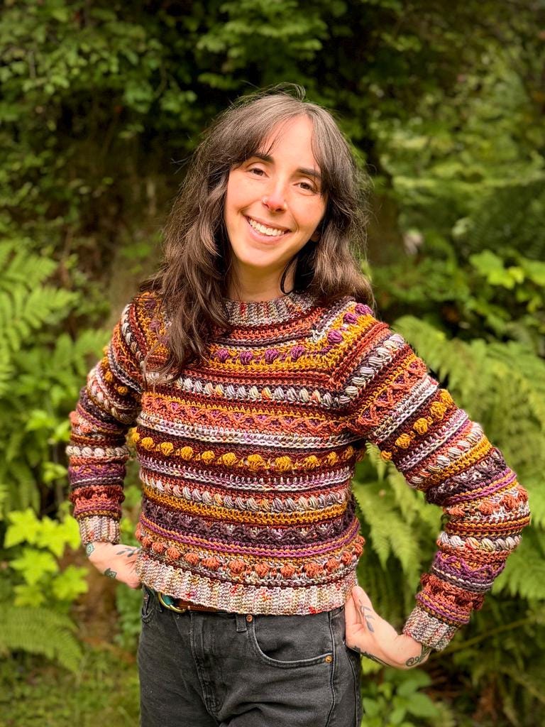 A crochet raglan sweater pattern featuring intricate stitch work, tapered sleeves, and colorwork. It contains many different stitches, making it fun to work up. It is an advanced level pattern in sizes XS-4X